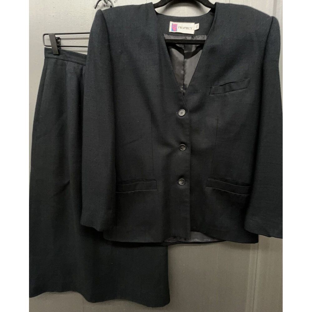 Vtg Prophecy Skirt Suit Women M Black Linen Lined Pocket Square Blazer Jacket